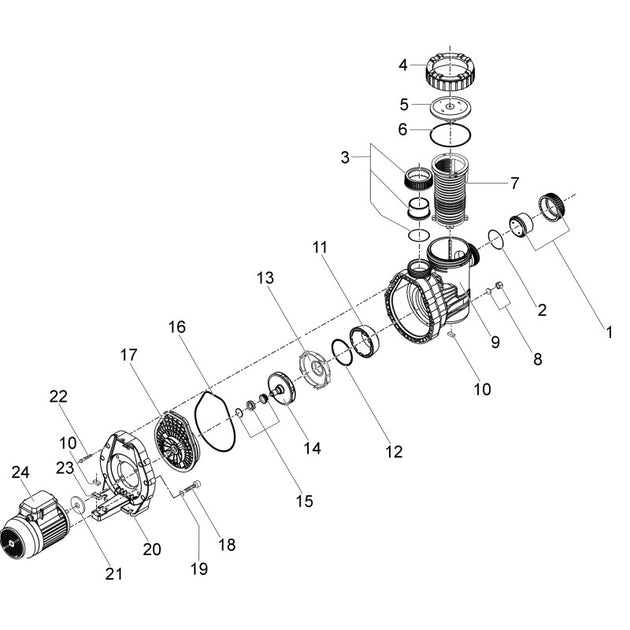 Vue éclatée des pièces de rechange pour AQUA MASTER 10, 14, 17, 20 SPECK de Bwp comportant des pièces numérotées, dont un boîtier, un moteur, une turbine, des joints et diverses fixations. Les composants sont représentés séparés et alignés pour illustrer l'ordre et la structure de l'assemblage.