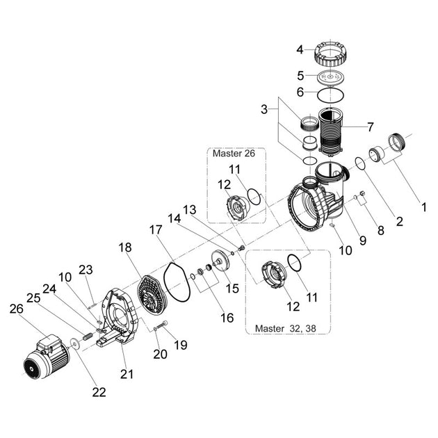 Vue éclatée du schéma technique des Pièces de rechange pour AQUA MASTER 26, 32, 38 SPECK, dispositif mécanique de Bwp, montrant les différents composants et leur séquence d'assemblage. Les pièces numérotées comprennent les cylindres, les bagues, les joints et les fixations, avec deux sections notées intitulées « AQUA MASTER 26 » et « AQUA MASTER 32, 38 ».