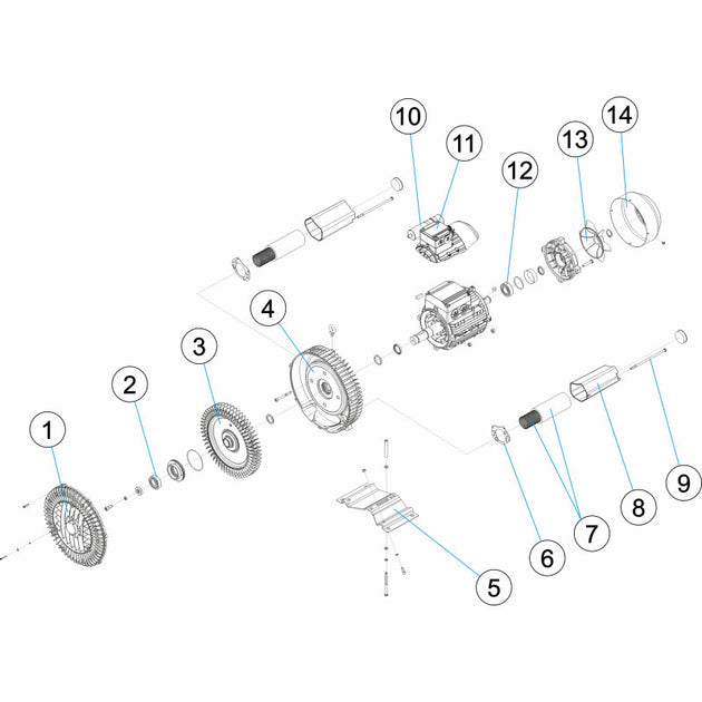 Schéma en vue éclatée d'un ensemble mécanique pour les "Pièces de rechange pour Blower simple étape ASTRALPOOL" de Bwp, montrant les pièces individuelles numérotées de 1 à 14. Les composants comprennent des engrenages, des arbres, un boîtier et diverses fixations, avec des annotations reliant chaque pièce à ses références de pièces respectives.