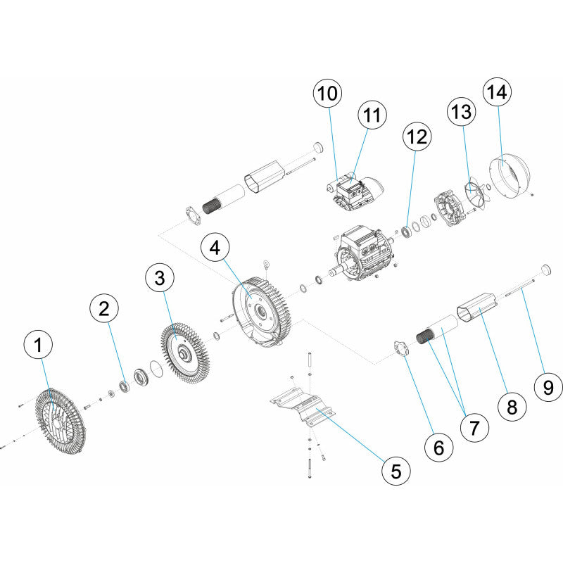 Schéma en vue éclatée d'un ensemble mécanique pour les "Pièces de rechange pour Blower simple étape ASTRALPOOL" de Bwp, montrant les pièces individuelles numérotées de 1 à 14. Les composants comprennent des engrenages, des arbres, un boîtier et diverses fixations, avec des annotations reliant chaque pièce à ses références de pièces respectives.