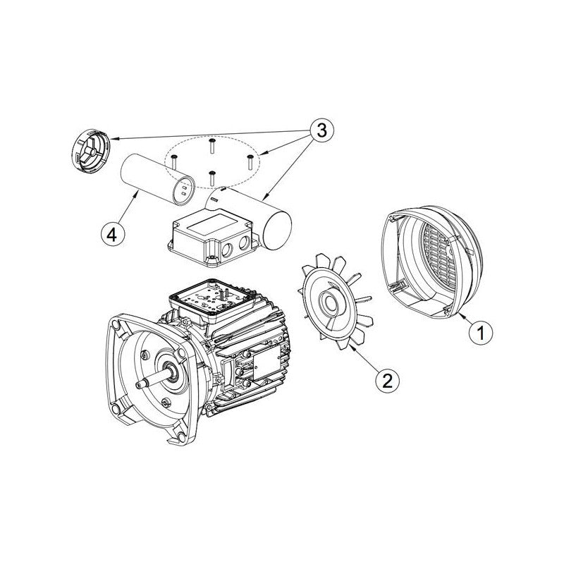 Une illustration technique en noir et blanc montre une vue éclatée d'une Pièces de rechange pour Moteur de pompe Sta-Rite ATB STA-RITE de Bwp, mettant en évidence les pièces détachées telles que le carter du moteur, un ventilateur (2), des vis (3), une pièce cylindrique (4) et d'autres composants. Une pièce (1) étiquetée RB15025 semble être un couvercle ou une protection.