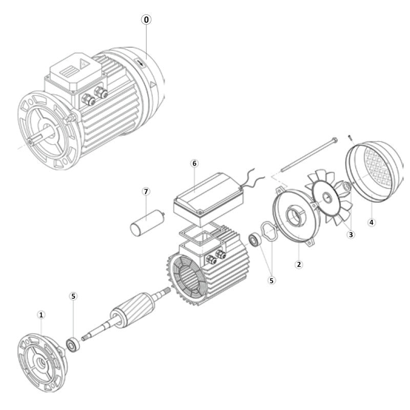 Schéma de principe des Pièces de rechange pour Moteur K-FLO HAYWARD de Bwp et de ses composants. Le schéma comprend une vue assemblée et une vue éclatée montrant diverses pièces telles que le stator, le rotor, le ventilateur, les flasques et d'autres pièces internes numérotées à titre de référence.