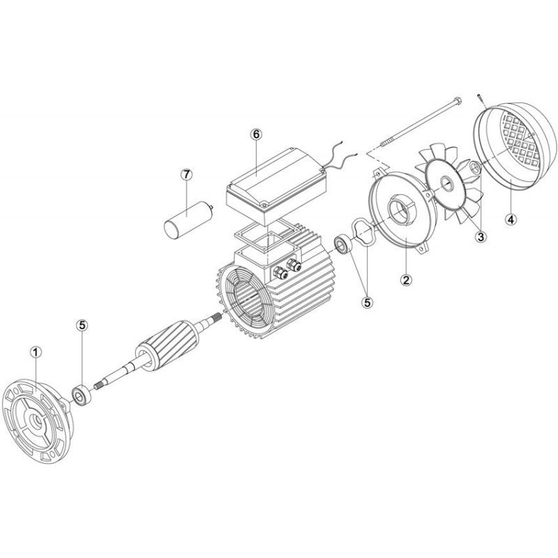 Vue éclatée des Pièces de rechange pour Moteurs KRIPSOL de Bwp, montrant différentes pièces étiquetées de 1 à 7. Les composants comprennent le stator, le rotor, le boîtier, le couvercle du ventilateur, les roulements, le condensateur et le câblage. Les pièces sont disposées en séquence pour illustrer l'assemblage.