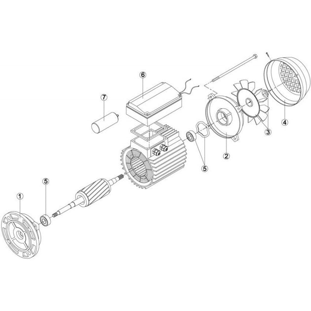 Vue éclatée des Pièces de rechange pour Moteurs KRIPSOL de Bwp, montrant différentes pièces étiquetées de 1 à 7. Les composants comprennent le stator, le rotor, le boîtier, le couvercle du ventilateur, les roulements, le condensateur et le câblage. Les pièces sont disposées en séquence pour illustrer l'assemblage.