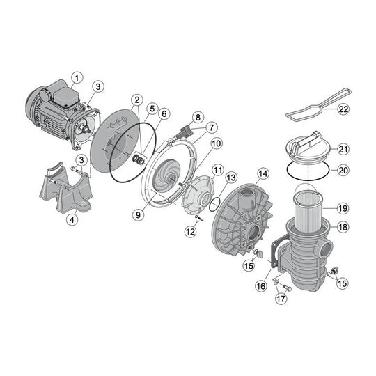 Vue éclatée des Pièces de rechange pour Pompe 5P4R et 5P6R STA-RITE de Bwp avec les pièces numérotées. Les composants comprennent un moteur, un ventilateur, un boîtier, des boulons, des rondelles, des joints et diverses pièces mécaniques. Un petit outil est représenté dans le coin supérieur droit.