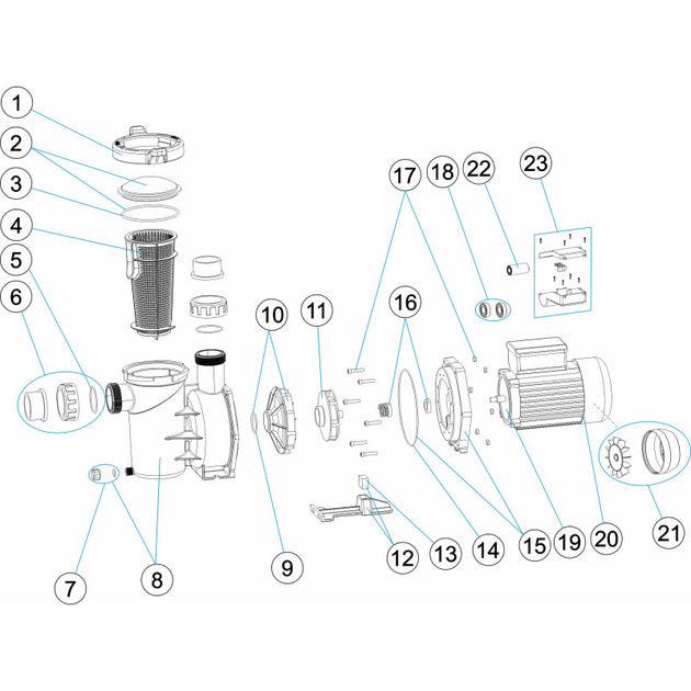 Vue technique éclatée du produit "Pièces de rechange pour Pompe ALASKA BASIC ASTRALPOOL" de Bwp. L'image se compose de 23 pièces numérotées, dont un moteur, un boîtier, des joints, des roulements et des turbines, avec des lignes illustrant la manière dont elles s'assemblent.