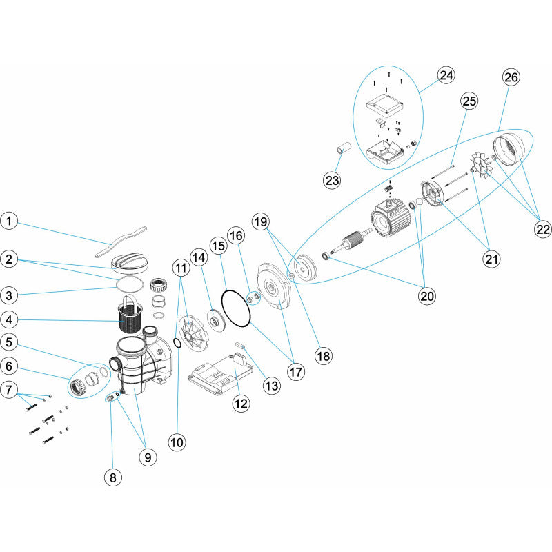 Vue éclatée du composant mécanique Pièces de rechange pour Pompe AMERICA IML de Bwp, présentant les pièces individuelles et leur assemblage. Chaque pièce est numérotée et alignée pour illustrer leurs positions, leurs connexions et leur ordre. Les composants comprennent des vis, des vannes, des joints et des raccords.