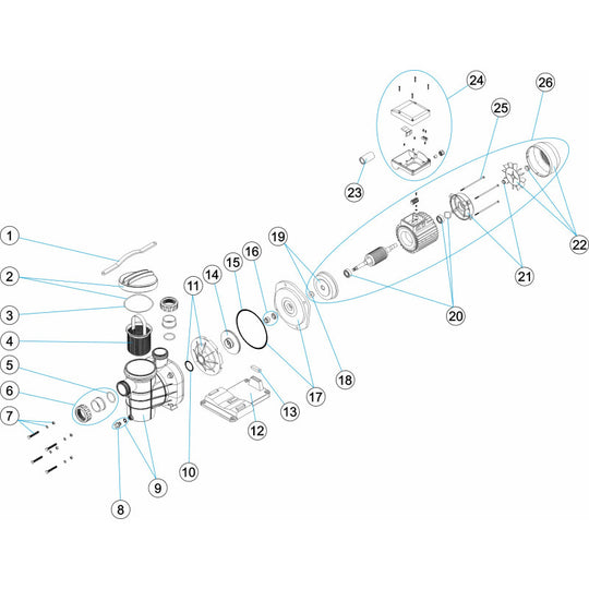 Vue éclatée du composant mécanique Pièces de rechange pour Pompe AMERICA IML de Bwp, présentant les pièces individuelles et leur assemblage. Chaque pièce est numérotée et alignée pour illustrer leurs positions, leurs connexions et leur ordre. Les composants comprennent des vis, des vannes, des joints et des raccords.