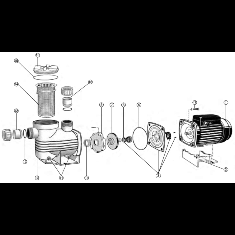 Illustration technique détaillée représentant une vue éclatée des Pièces de rechange pour Pompe AQUAMITE WATERCO de Bwp. Elle montre diverses pièces, notamment des filtres, des vis, des couvercles, une turbine, une volute, un moteur et d'autres composants, tous étiquetés avec des numéros de référence.