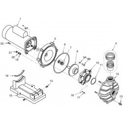 Vue éclatée des pièces de rechange pour pompe 5MPR Dyna-Glass STA-RITE de Bwp, montrant de nombreux composants et l'ordre d'assemblage. L'image comprend des pièces telles que le carter du moteur, les engrenages, les vis et divers autres éléments mécaniques étiquetés avec des numéros pour l'identification.